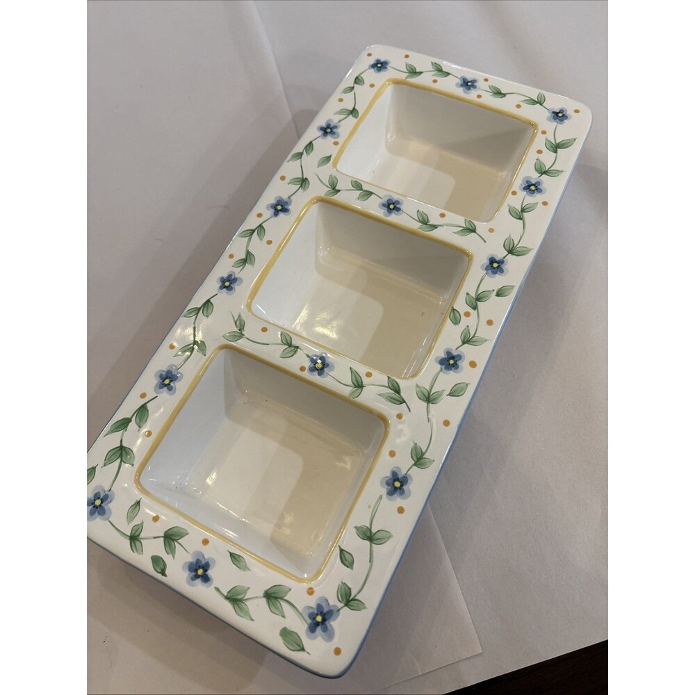 Pfaltzgraff Melissa Relish Dish 3 Part Divided Tidbit Serving Tray Blue Floral